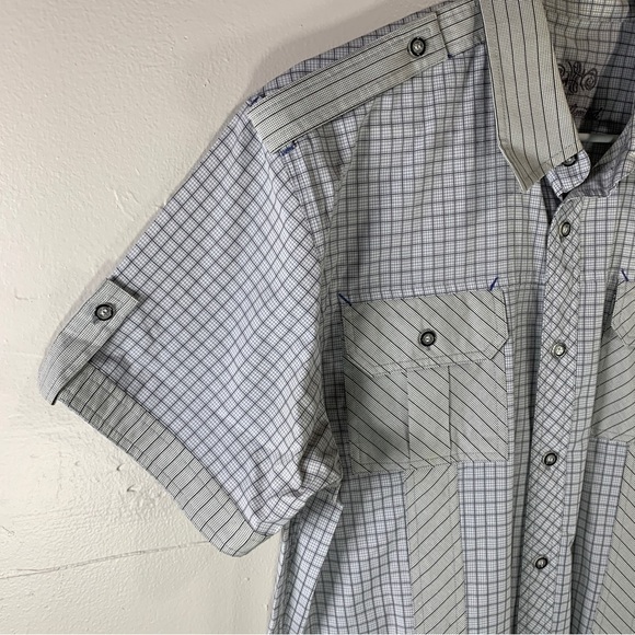 Men’s button-down shirt plaid short sleeve grid pattern white gray large stripes - Picture 4 of 8